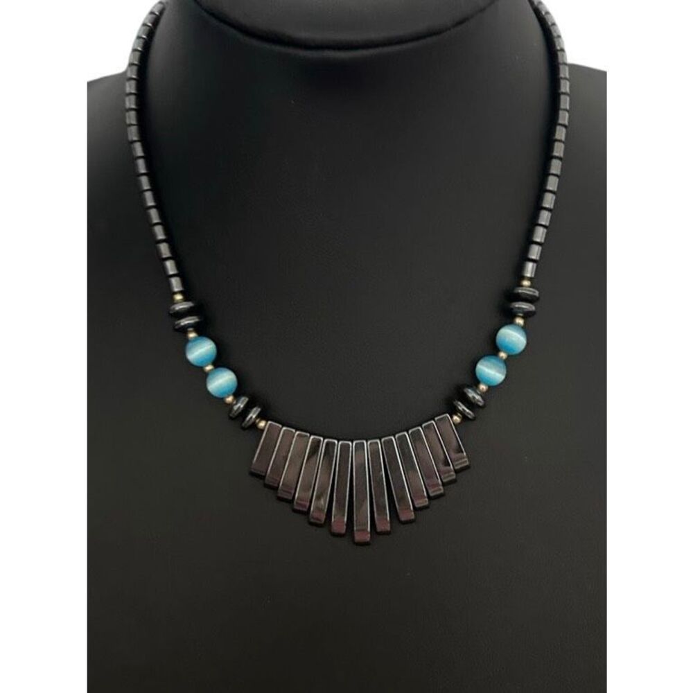 Vtg Hematite Bead Fan Bib Necklace 17" Black Hematite Bars Blue Cat's Eye Beads
